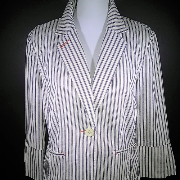 Gorgeous Vintage cabi Spring 2008 Nautical Navy & White Ticking Blazer - Picture 3 of 13